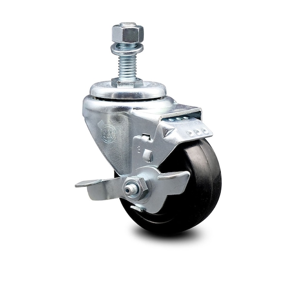 3.5 Inch Hard Rubber Wheel Swivel 12mm Threaded Stem Caster with Brake SCC